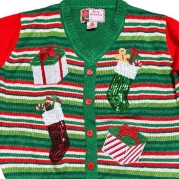Sweaters - Ugly Christmas Sweater Cardigan Women's Large Green Red‎ Striped Gifts Stockings